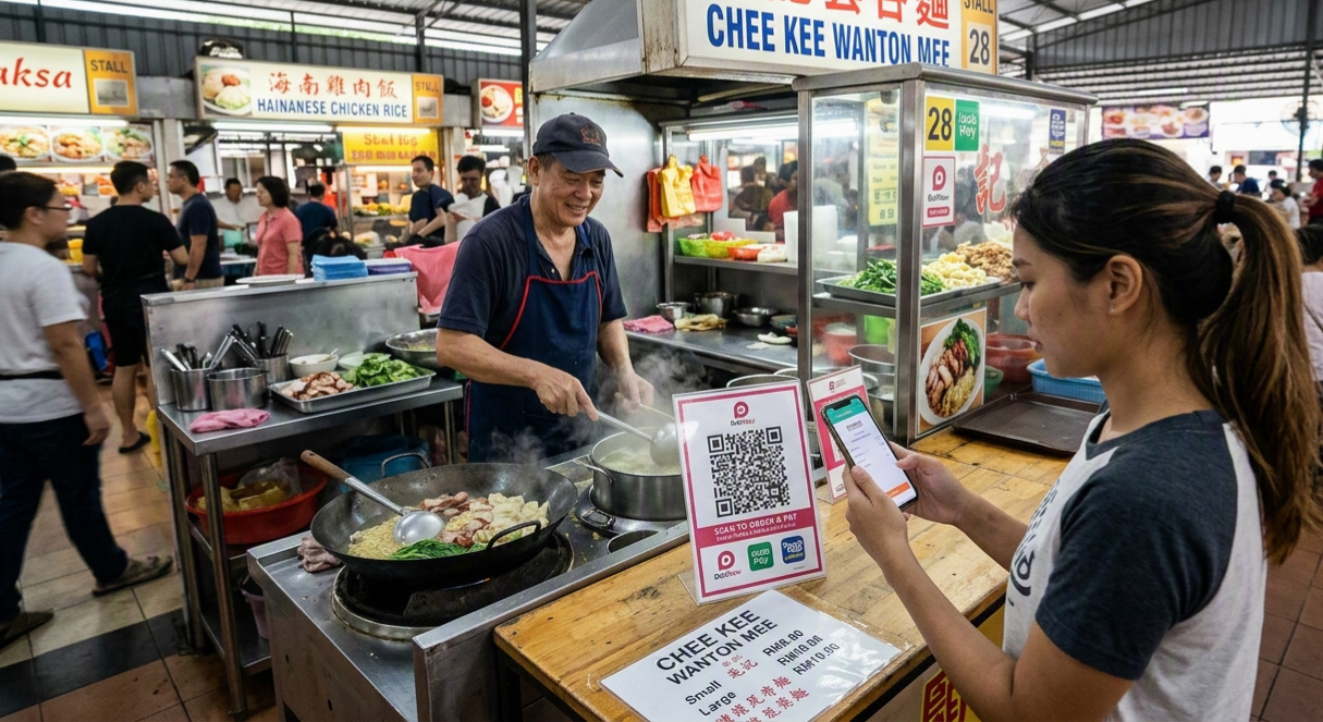 Customer scanning a QR code to order and pay at a Malaysian hawker stall
