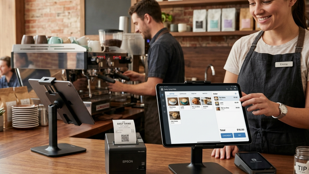 Cloud POS setup guide — two tablets and a receipt printer on a restaurant counter