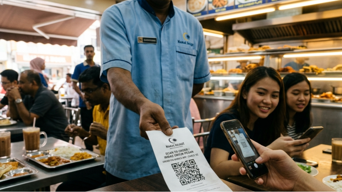 A busy mamak restaurant in Malaysia using a digital ordering system at the table