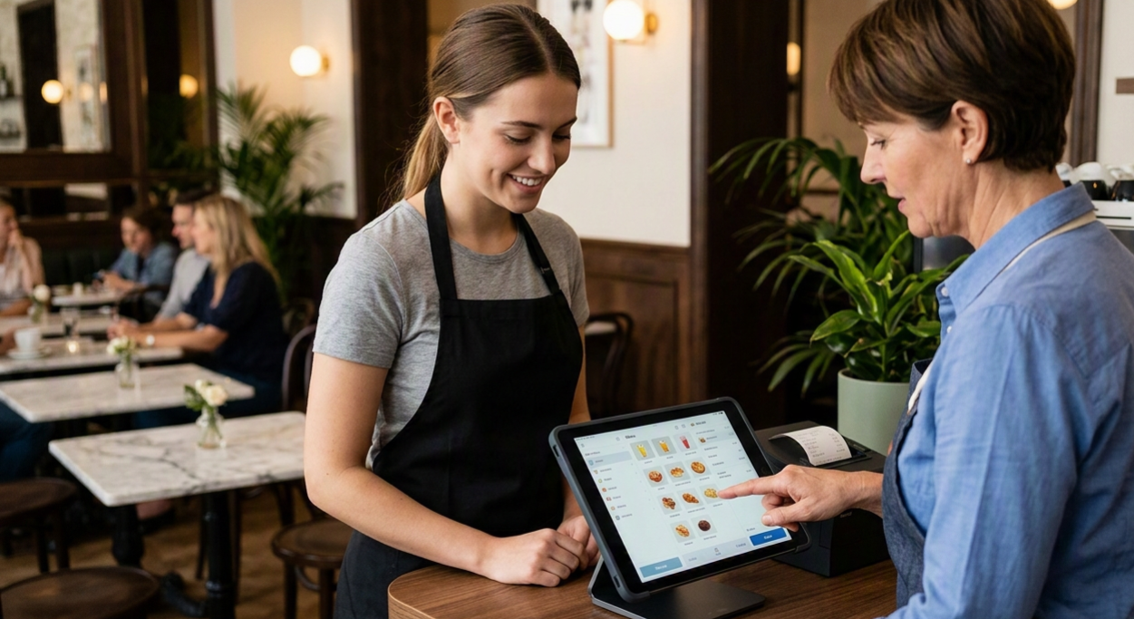 Staff member being trained on a tablet-based POS system at a restaurant counter
