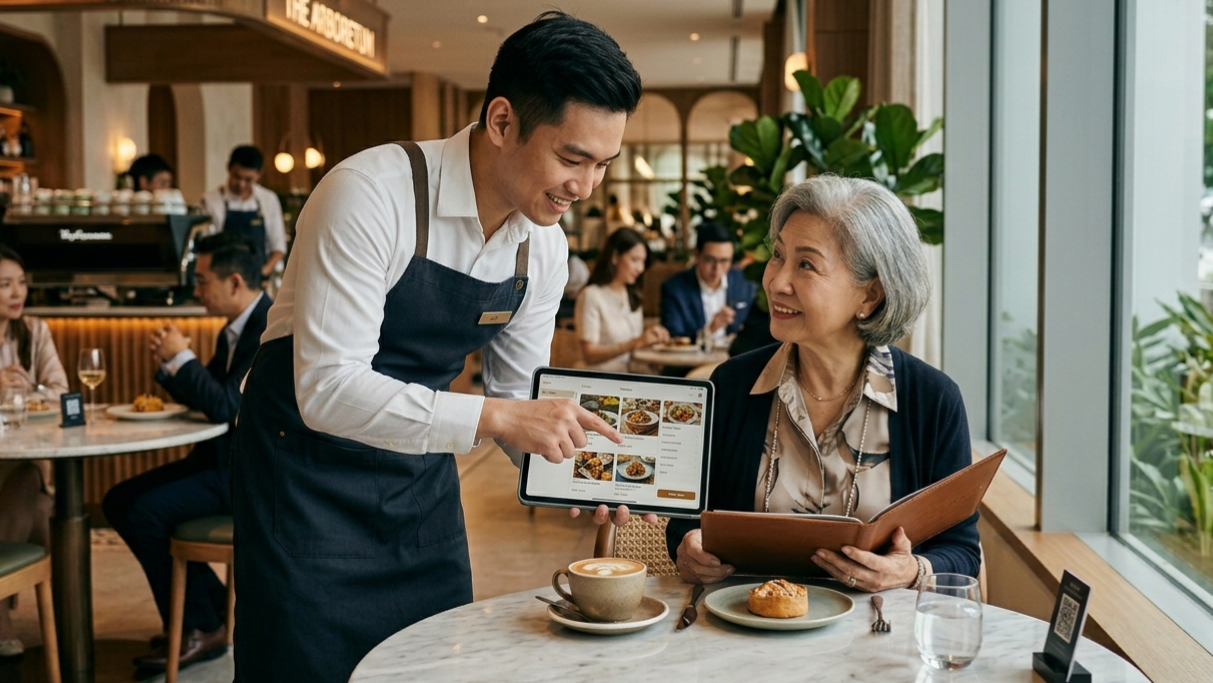 An elderly customer being helped with QR code ordering at a restaurant table