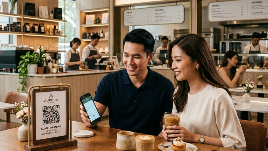 Customer scanning a QR menu at a Malaysian food court with multiple stalls