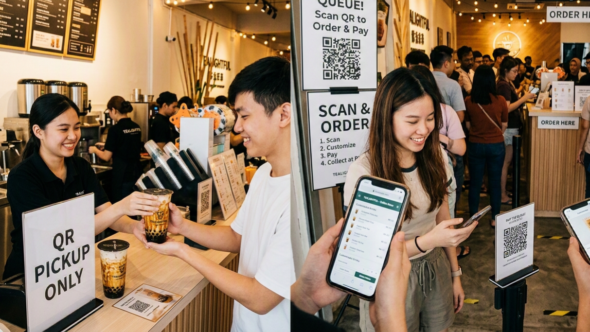 Customer scanning a QR code to order bubble tea while queuing