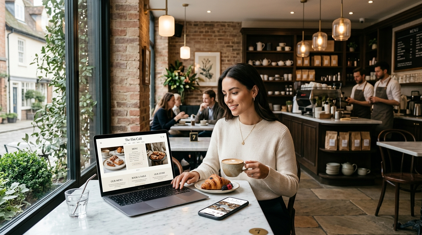 Restaurant website vs Facebook page comparison shown side by side on desktop and mobile screens